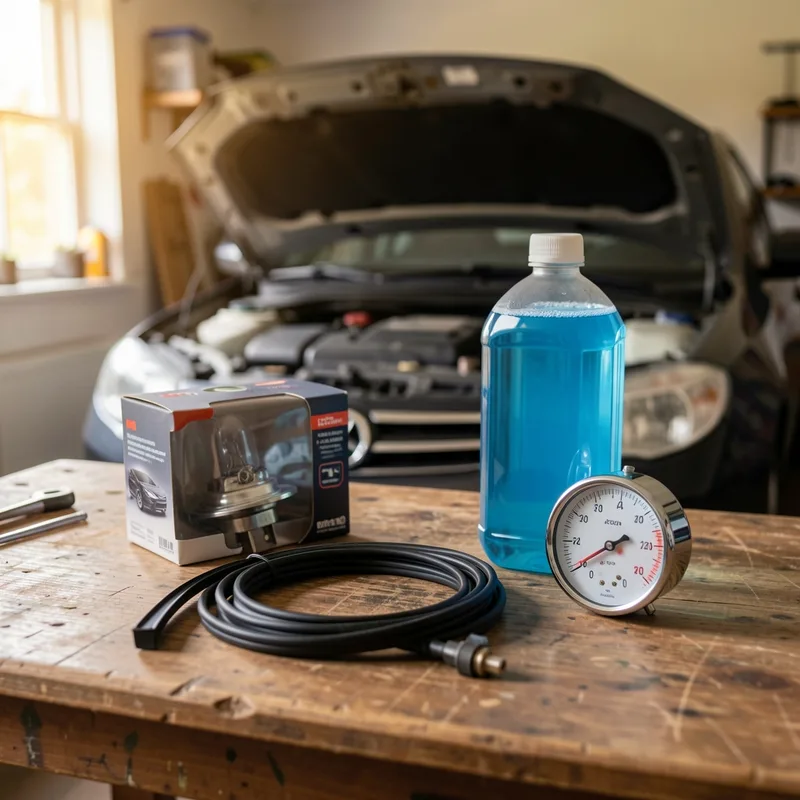 Ampoule de phare et balai d&rsquo;essuie-glace neufs posés sur un établi de garage, capot ouvert en arrière-plan