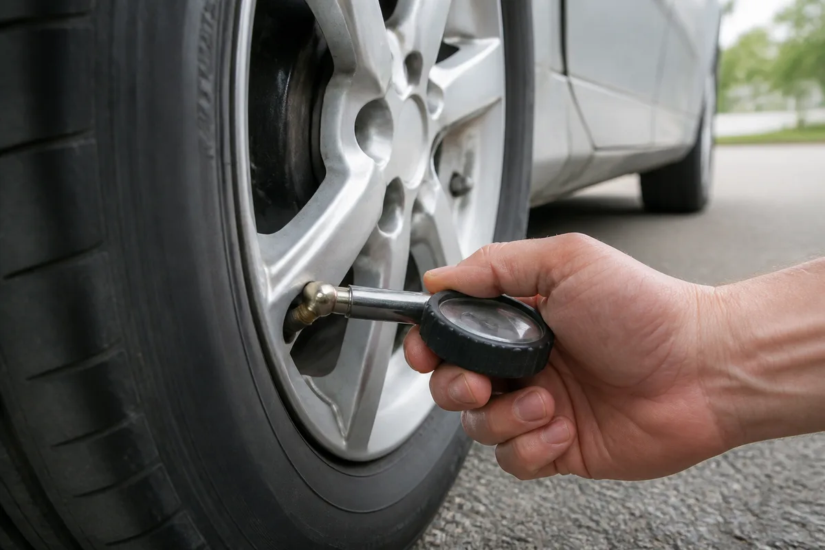 Manomètre appliqué sur la valve d&rsquo;un pneu de voiture garée sur sol plat