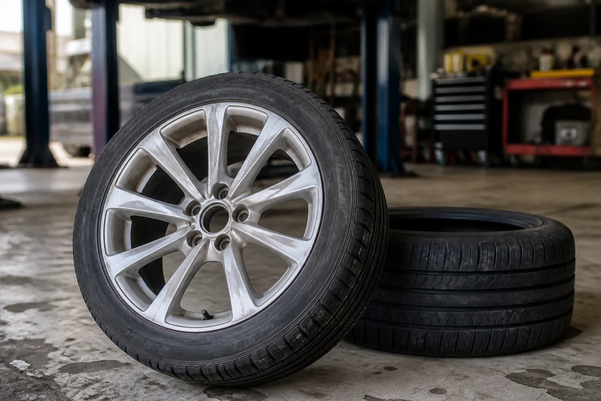 Roue de voiture démontée posée près d&rsquo;un pneu, dans un garage éclairé