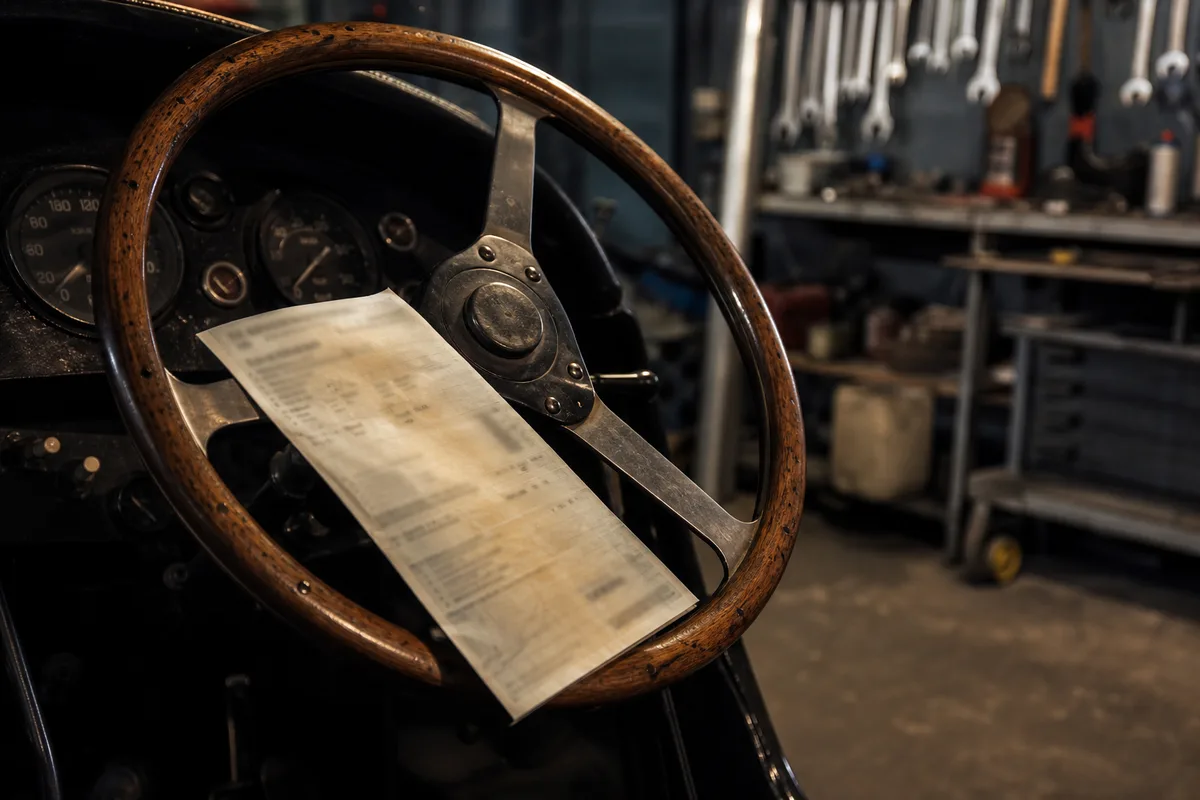 Certificat d’immatriculation posé sur un volant en bois de voiture ancienne