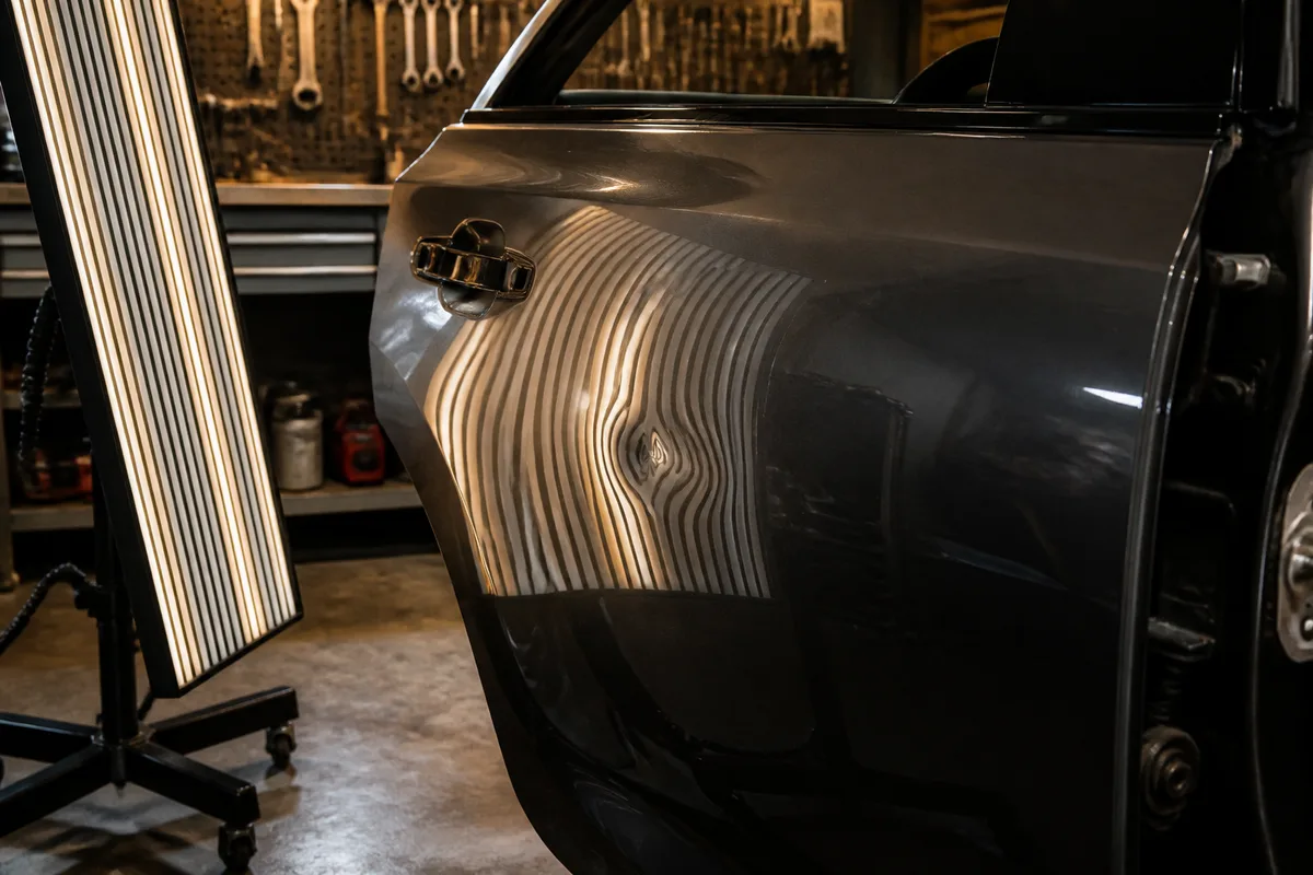Portière de voiture éclairée par une lampe à lignes révélant les déformations de la tôle