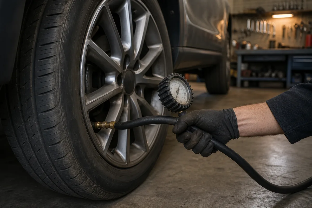 Manomètre de gonflage appliqué sur la valve d’un pneu, voiture stationnée sur sol plat