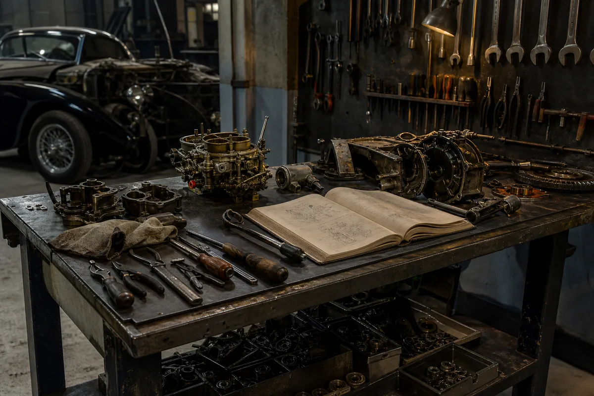 Établi d&rsquo;atelier avec outillage, pièces mécaniques anciennes et documentation technique