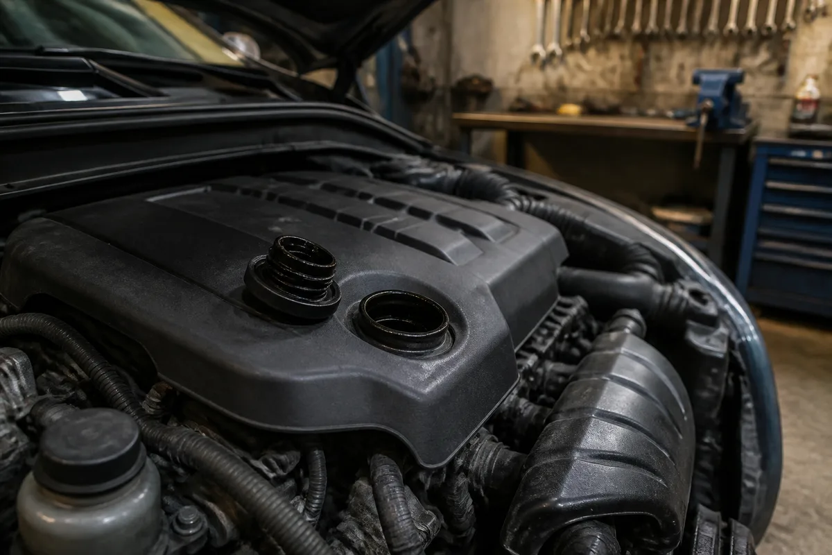 Bouchon de remplissage d’huile ouvert sur un moteur froid, cache moteur en plastique visible
